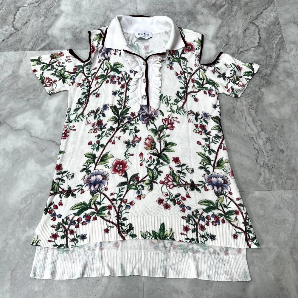 Bebe Floral Cold Shoulder Sweater Size Small S Henley Collared‎